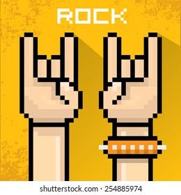 vector flat pixel art hand sign rock n roll music . rock n roll icon