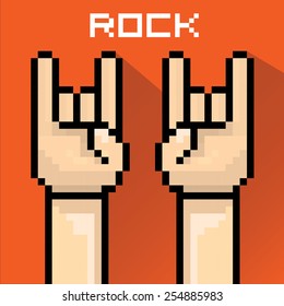 vector flat pixel art hand sign rock n roll music . rock n roll icon