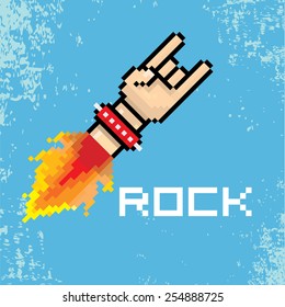 vector flat pixel art hand sign rock n roll music on on stylish blue background. rock n roll icon with fire