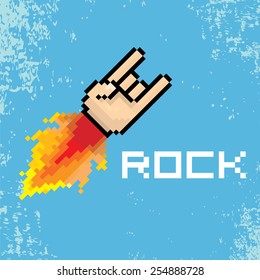 vector flat pixel art hand sign rock n roll music on on stylish blue background. rock n roll icon with fire