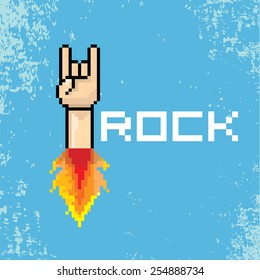 vector flat pixel art hand sign rock n roll music on on stylish blue background. rock n roll icon with fire