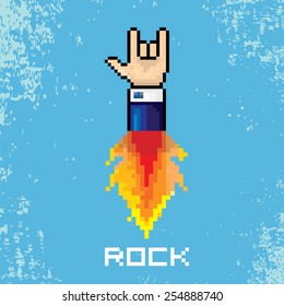 vector flat pixel art hand sign rock n roll music on on stylish blue background. rock n roll icon with fire