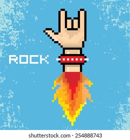 vector flat pixel art hand sign rock n roll music on on stylish blue background. rock n roll icon with fire