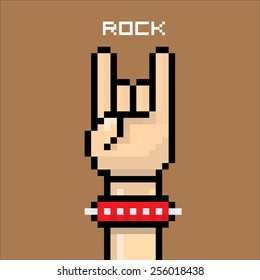 vector flat pixel art hand sign rock n roll music on on stylish brown background. rock n roll icon