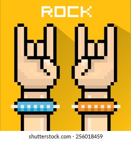 vector flat pixel art hand sign rock n roll music . rock n roll icon