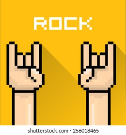 vector flat pixel art hand sign rock n roll music . rock n roll icon