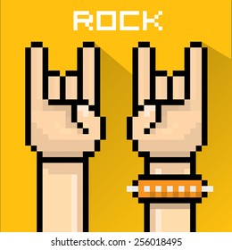 vector flat pixel art hand sign rock n roll music . rock n roll icon