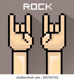 vector flat pixel art hand sign rock n roll music . rock n roll icon