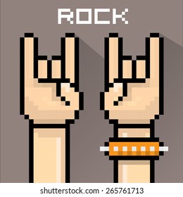 vector flat pixel art hand sign rock n roll music . rock n roll icon