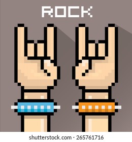 vector flat pixel art hand sign rock n roll music . rock n roll icon