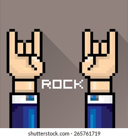 vector flat pixel art hand sign rock n roll music . rock n roll icon