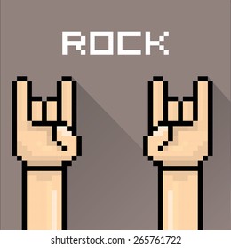 vector flat pixel art hand sign rock n roll music . rock n roll icon