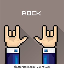 vector flat pixel art hand sign rock n roll music . rock n roll icon