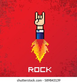 vector flat pixel art hand sign rock n roll music on on stylish grunge red background. rock n roll icon with fire