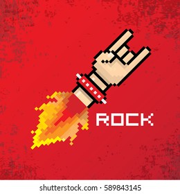 vector flat pixel art hand sign rock n roll music on on stylish grunge red background. rock n roll icon with fire
