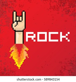 vector flat pixel art hand sign rock n roll music on on stylish grunge red background. rock n roll icon with fire