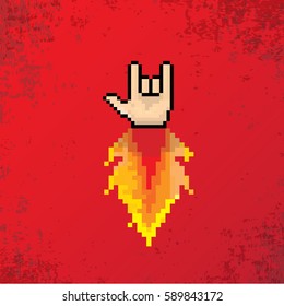 vector flat pixel art hand sign rock n roll music on on stylish grunge red background. rock n roll icon with fire