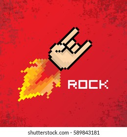 vector flat pixel art hand sign rock n roll music on on stylish grunge red background. rock n roll icon with fire