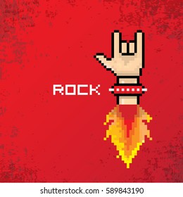 vector flat pixel art hand sign rock n roll music on on stylish grunge red background. rock n roll icon with fire