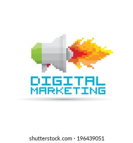 vector flat pixel art megaphone icon with fire. vector pixel color speaker or sound icon