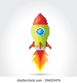 vector flat pixel art rocket on stylish grey background. rocket launch or business startup  icon