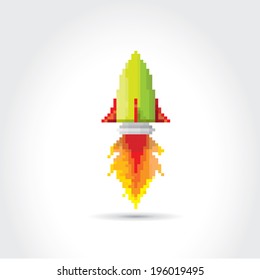 vector flat pixel art rocket on stylish grey background. rocket launch or business startup  icon