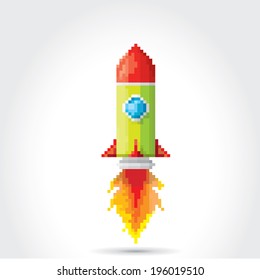 vector flat pixel art rocket on stylish grey background. rocket launch or business startup  icon