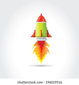 vector flat pixel art rocket on stylish grey background. rocket launch or business startup  icon