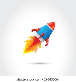 vector flat pixel art rocket on stylish grey background. rocket launch or business startup icon