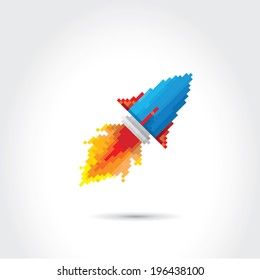 vector flat pixel art rocket on stylish grey background. rocket launch or business startup icon