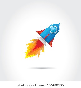vector flat pixel art rocket on stylish grey background. rocket launch or business startup icon