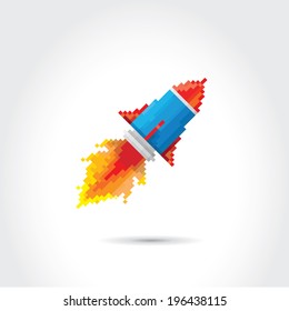 vector flat pixel art rocket on stylish grey background. rocket launch or business startup icon