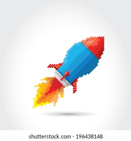 vector flat pixel art rocket on stylish grey background. rocket launch or business startup icon