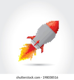 vector flat pixel art rocket on stylish grey background. rocket launch or business startup icon