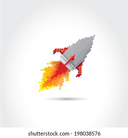 vector flat pixel art rocket on stylish grey background. rocket launch or business startup icon
