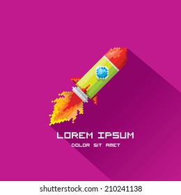 vector flat pixel art rocket on stylish violet background. rocket launch or business startup icon