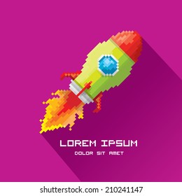 vector flat pixel art rocket on stylish violet background. rocket launch or business startup icon
