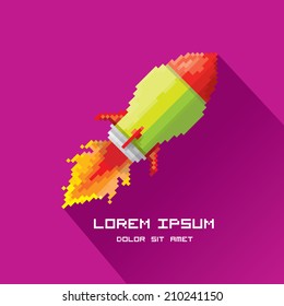 vector flat pixel art rocket on stylish violet background. rocket launch or business startup icon