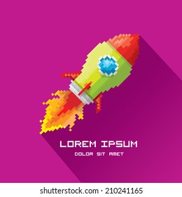 vector flat pixel art rocket on stylish violet background. rocket launch or business startup icon