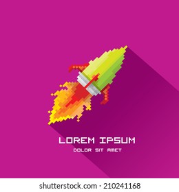 vector flat pixel art rocket on stylish violet background. rocket launch or business startup icon