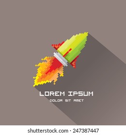 vector flat pixel art rocket on stylish grey background. rocket launch or business startup icon