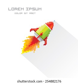 vector flat pixel art rocket on isolated on white background. rocket launch or business startup icon