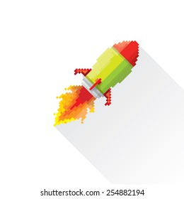vector flat pixel art rocket on isolated on white background. rocket launch or business startup icon