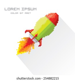 vector flat pixel art rocket on isolated on white background. rocket launch or business startup icon