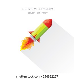 vector flat pixel art rocket on isolated on white background. rocket launch or business startup icon