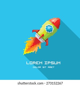 vector flat pixel art rocket in blue sky background. rocket launch or business startup icon