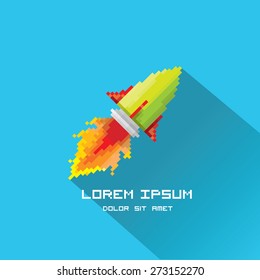 vector flat pixel art rocket in blue sky background. rocket launch or business startup icon