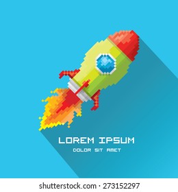 vector flat pixel art rocket in blue sky background. rocket launch or business startup icon