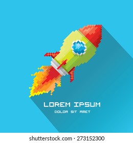 vector flat pixel art rocket in blue sky background. rocket launch or business startup icon