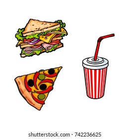 Vector flat pizza slice with chili pepper, olives plastic, paper disposable soft cold drink cup with lid and straw and sandwich. Fast food cartoon isolated illustration on a white background.